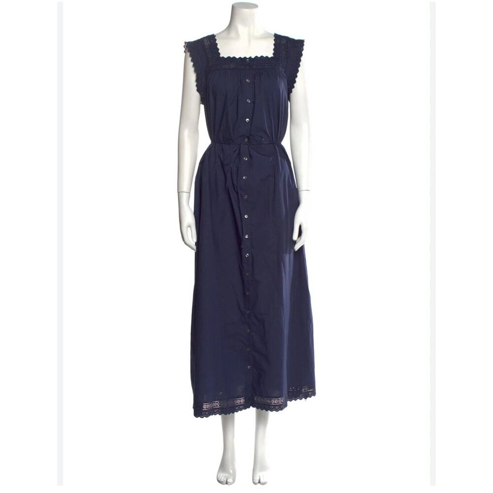 Doen Embroidered Neckline & Hem Long Maxi Dress Buttoned Dress Navy Blue Small